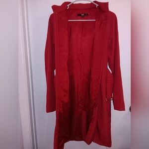 BEDO Vibrant Red Trench Raincoat Zipper Hood Belt Rain Coat